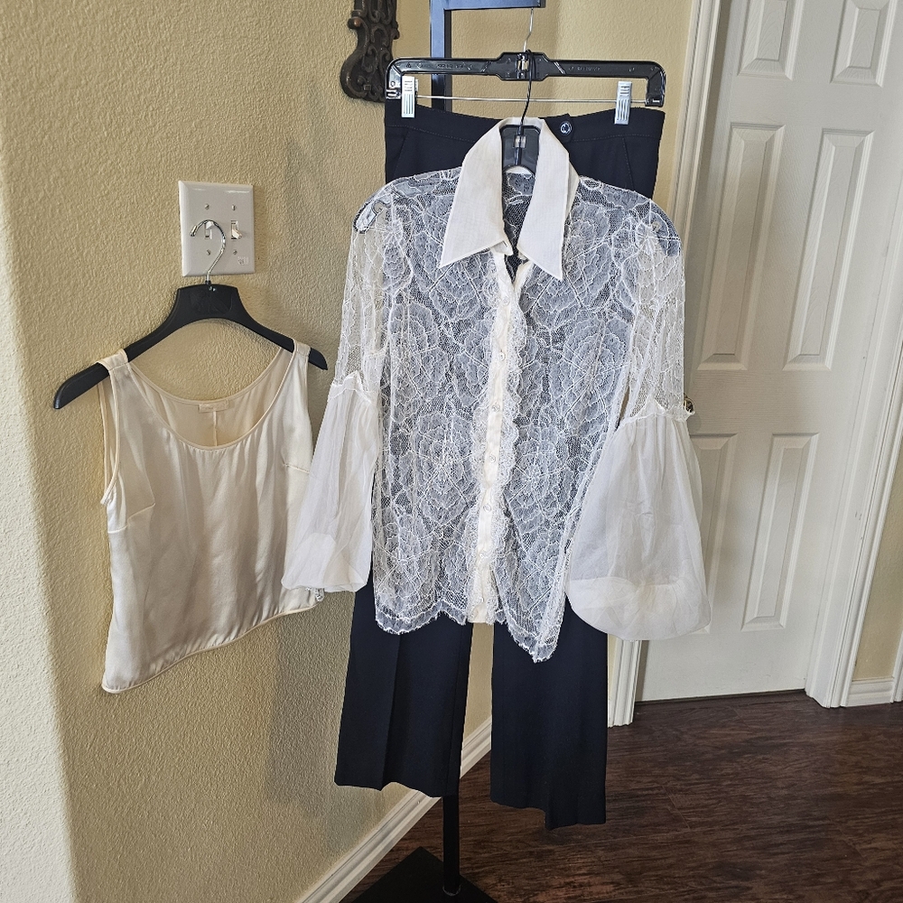 Valentino 3pc Cream and Black Top/Cami/Pant Set Size S - Picture 1 of 15
